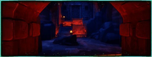 主角手持武器站立于战场中央，身后是巨大的北欧神话风格遗迹