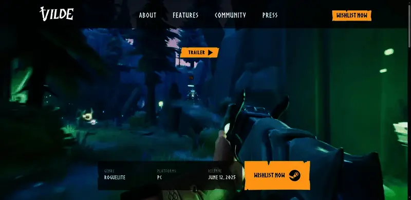 《维尔德：枪域争锋》官方网站界面截图，显示首页核心内容布局