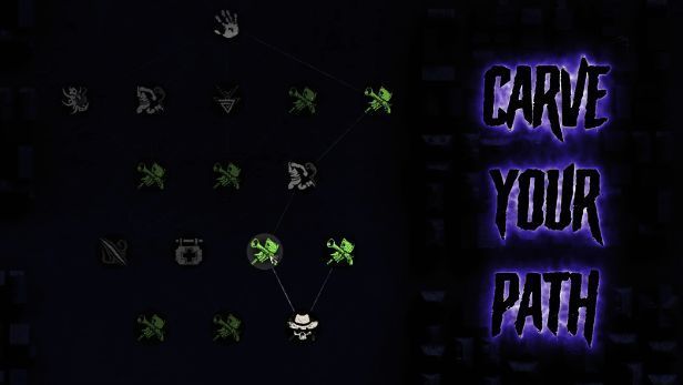 玩家角色背着大量物资穿越废墟，远处有怪物阴影逼近