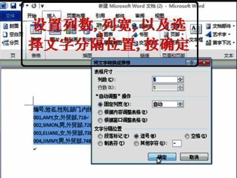 文本转换成表格设置窗口，展示列数、行数及分隔符选择界面