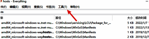 Everything主界面工具菜单展开示意图