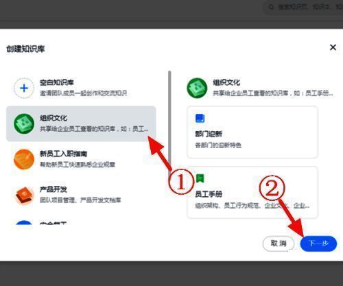 知识库模板选择页面，展示多个可选模板，组织文化被高亮选中