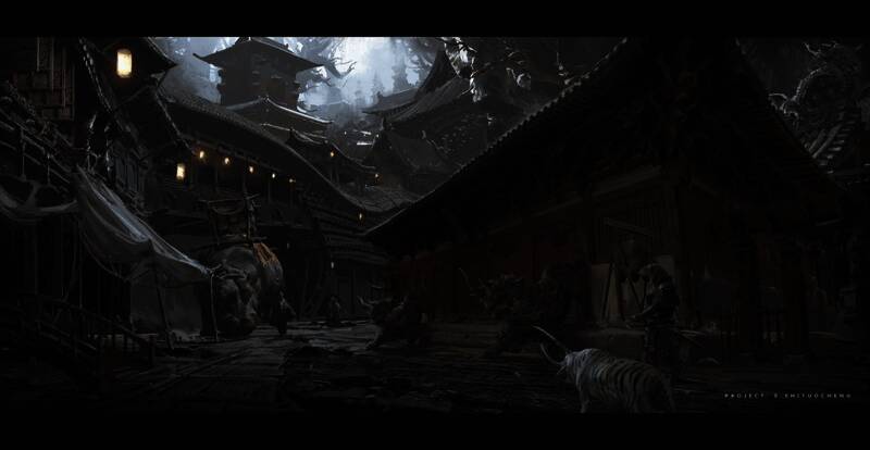 狮驼岭概念图，展现阴森森林与远方城池的远景