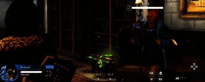 两名角色在房间内低声交谈，背景中其他角色分散在不同区域