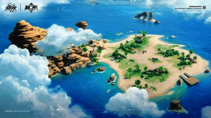 《晶核》家园系统概念图，岛屿上有各种建筑和装饰物，画面风格清新可爱