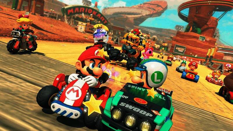 《马里奥赛车：世界》封面展示图，角色阵容丰富，赛道设计充满未来感