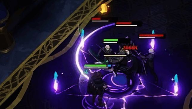 战斗场景截图，展示都铎挥舞弯刀横扫前方敌人特效