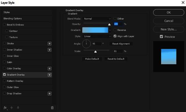 Photoshop渐变工具设置界面，展示三种天蓝色搭配效果