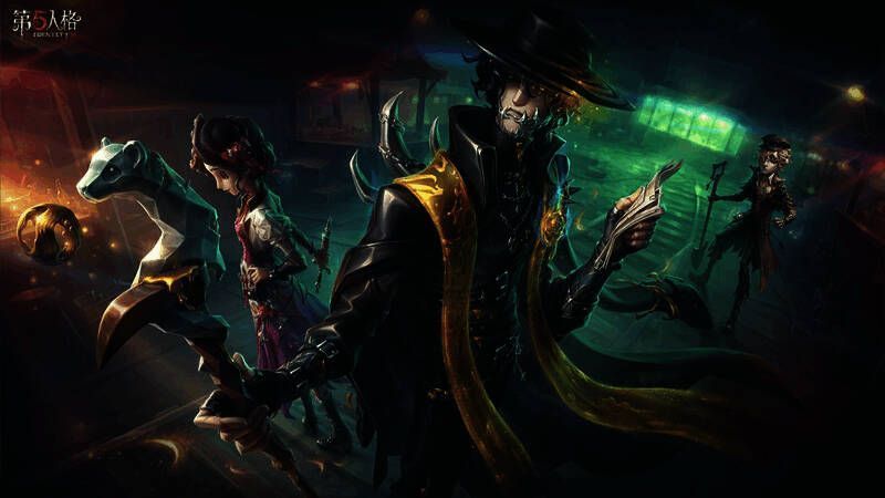 第五人格新版本剧情宣传图，展示角色聚集在案发现场周围，神情各异