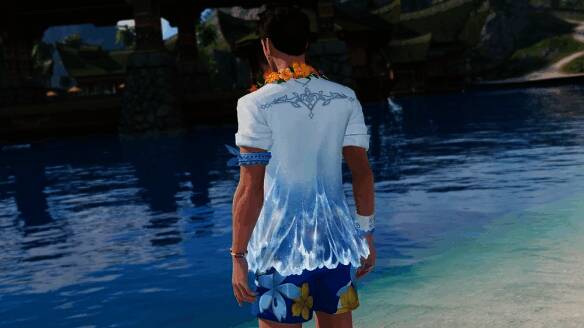 晨夕・玉漫漫上装展示，渐变水蓝纹理与明黄花叶图案交相辉映