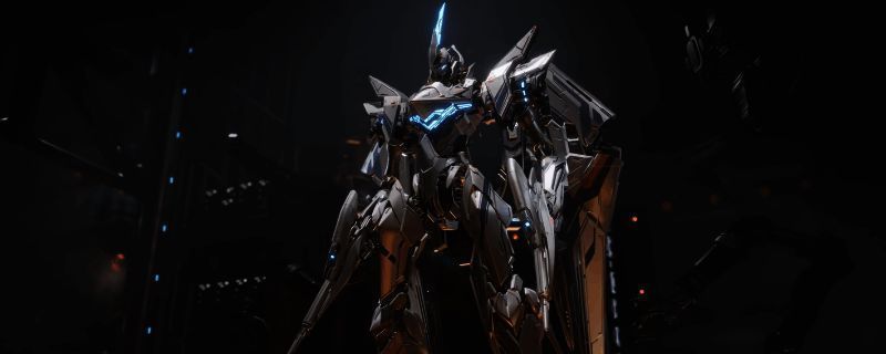 矛隼机甲飞行形态展示，机身流线型设计，双翼展开于高空巡航状态