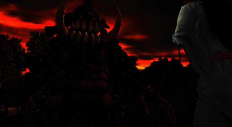 《鬼武者：剑之道》游戏截图，展示幻魔‘大唾拉’的战斗场景，背景为暗黑风格的战场