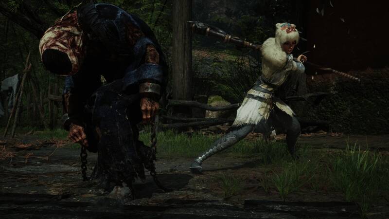 《明末：渊虚之羽》女主头戴毛绒头套造型，手持战斧的高清截图，背景为暗黑风格的战场环境