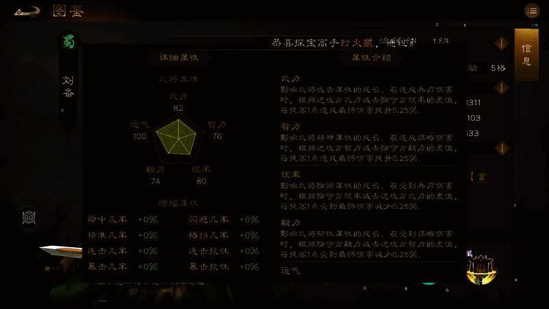 刘备五维属性面板展示，包括武力、智力、统率、毅力与运气值