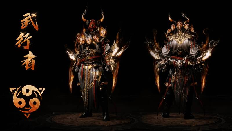 武行者（典藏版配色）展示图，佩戴傩戏面具，手持念珠与经卷，姿态威严