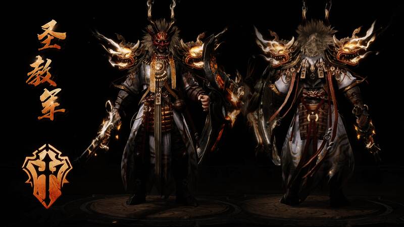 圣教军（典藏版配色）战斗场景，手持符纸长剑，身披白色战甲，气势恢宏