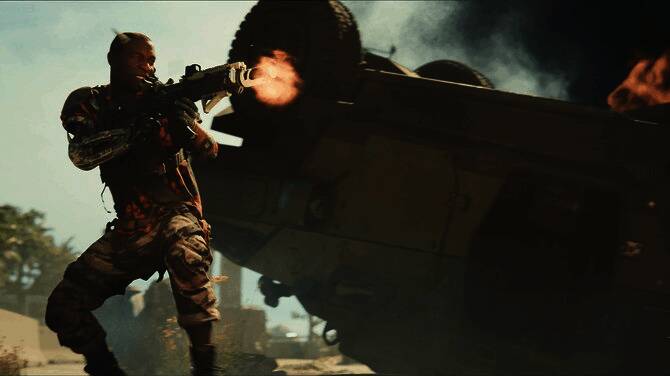 角色手持能量步枪在废墟中与敌人激烈交火，背景硝烟弥漫