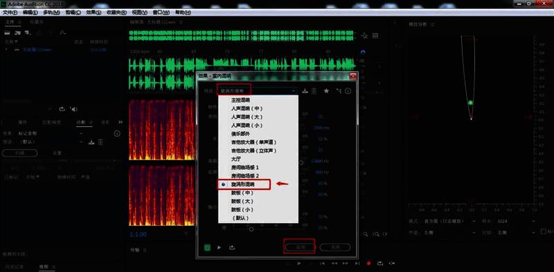 Adobe Audition混响设置窗口界面，展示漩涡形预设选项