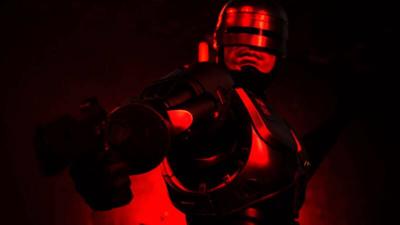 《机械战警：暴戾都市 - 未竟之事》游戏画面，展现未来都市与机械战警的英姿