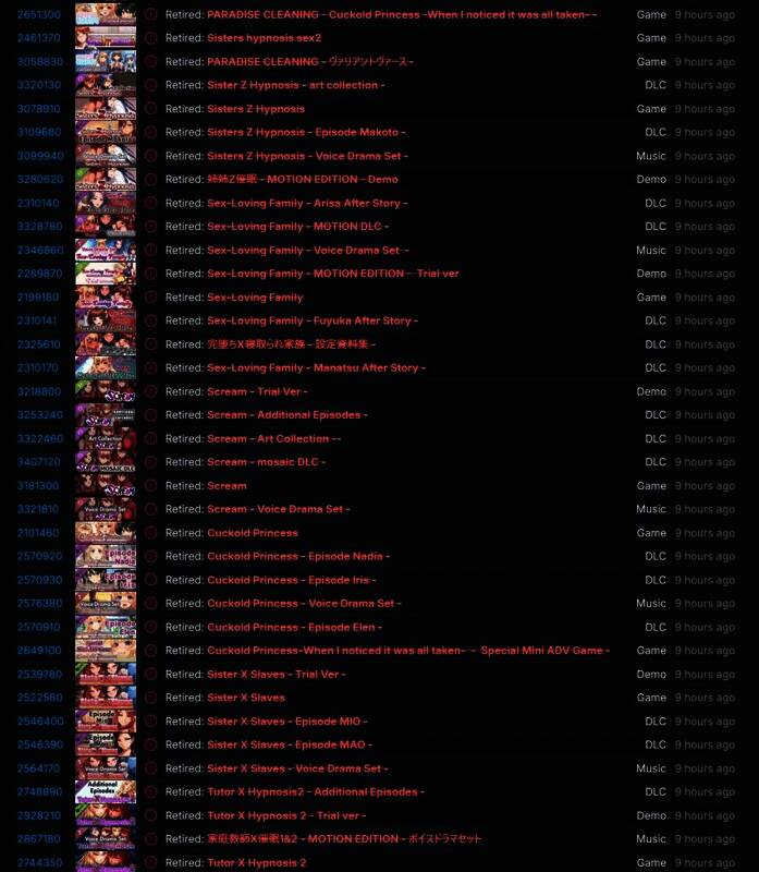 SteamDB上显示的被移除游戏列表，包括游戏名称与发行商信息