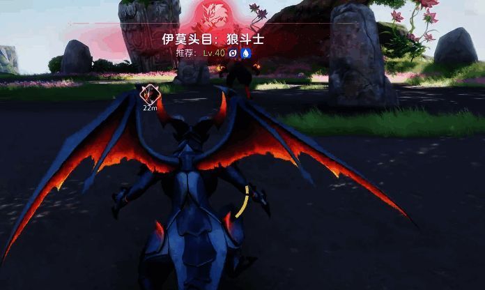 狼斗士站在山崖边缘，气势逼人，背景是壮丽的自然景色