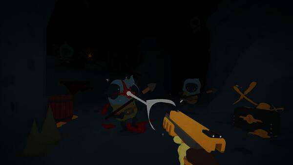 战斗场景，敌人倒地，主角捡起掉落物品，环境昏暗压抑