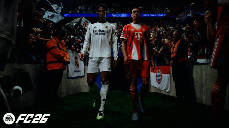 《EA Sports FC 26》封面图，贝林厄姆与穆西亚拉并肩站立，背景是炫酷光影效果的球场