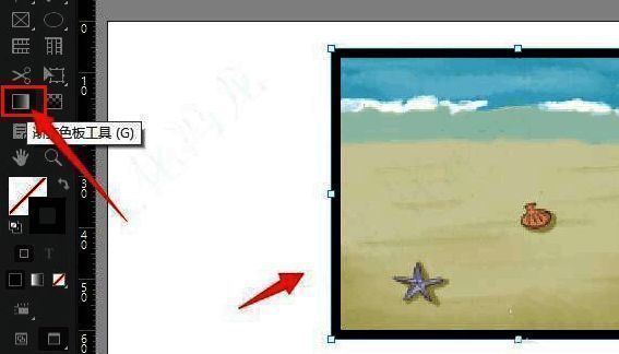 InDesign中使用渐变工具选中图片边框的状态图，界面高亮显示渐变工具位置