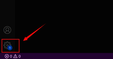 VSCode左下角齿轮图标被鼠标悬停，弹出设置菜单选项，界面清晰标注操作入口