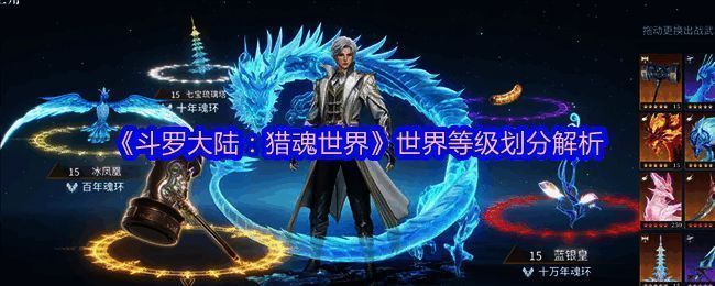 《斗罗大陆：猎魂世界》游戏界面展示角色等级成长路径，左侧为魂士至封号斗罗阶段，右侧标注各阶段魂环颜色与等级区间