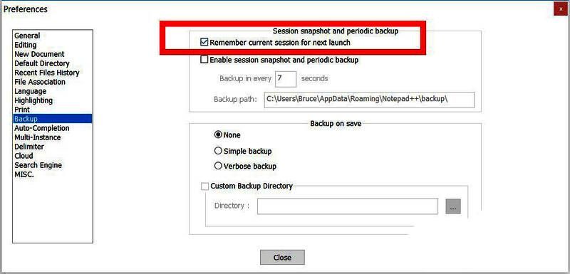 Notepad++偏好设置界面，高亮显示已勾选的Remember current session选项