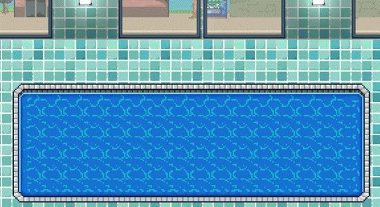 动态展示玩家建造的泳池场景，小动物在水中畅游，西瓜泳圈随波浮动，阳光洒落水面，视觉清凉感十足