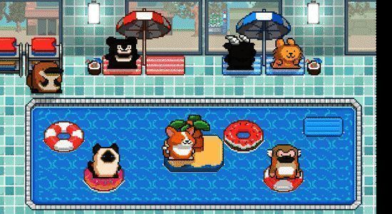 美发店内动态场景，小动物坐在椅子上接受造型服务，发型师员工忙碌操作，界面显示多种发型选项