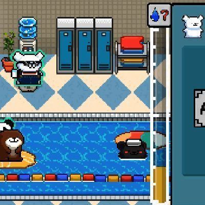 温泉馆内设置多台饮水机，小动物排队接水饮用，界面提示‘口渴值已恢复’，体现健康管理机制