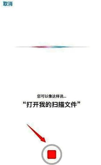 屏幕上提示用户按住说话，示例指令为‘打开我的扫描文件’