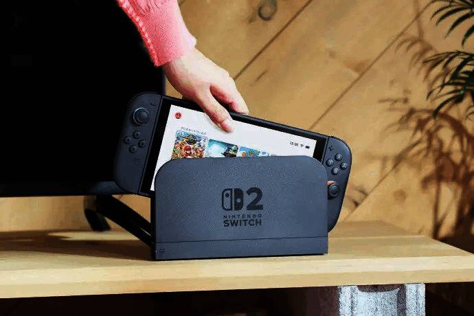 任天堂Switch2概念渲染图，主机屏幕显示多款第三方游戏LOGO环绕四周