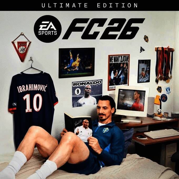 EA Sports FC 26终极版封面图，伊布拉希莫维奇身穿标志性球衣，神情霸气地站在球场中央，背景为炫酷光影特效