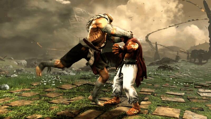 沙加特与对手激烈对峙，肌肉紧绷，身上伤疤清晰可见，充满压迫感