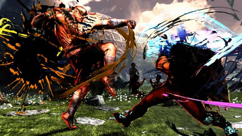 沙加特在胜利姿势中单手指天，背景火焰升腾，尽显王者风范