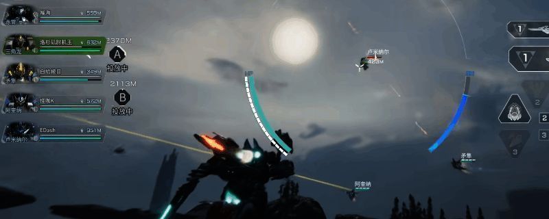 《解限机》中阿奎纳机甲的全身展示图，银灰色装甲搭配红色能量纹路，展现出重型狙击机兵的威猛气势