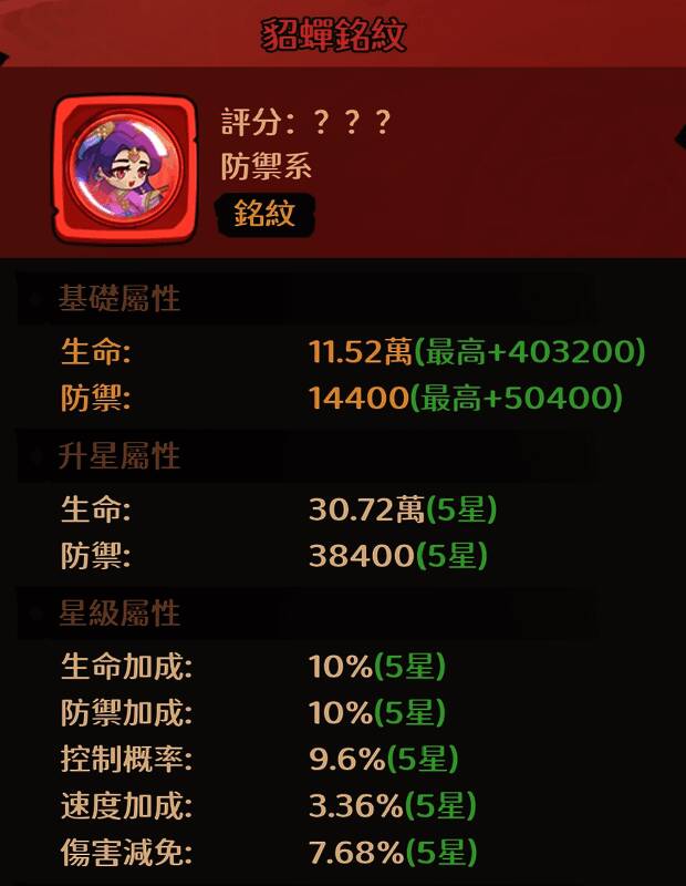 貂蝉铭纹图标展示，属性偏向生命与防御加成