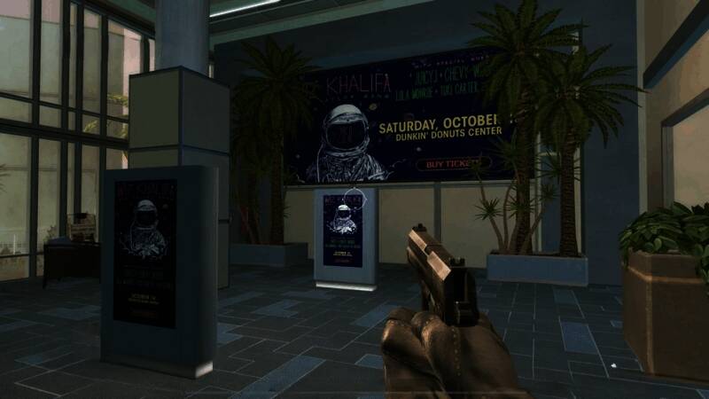 《堡垒之夜》游戏场景中出现虚拟广告牌，显示品牌赞助信息