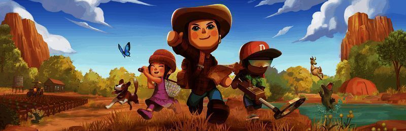 《金垦小镇》游戏主界面展示，玩家角色站在小镇入口，远处是草原与山脉