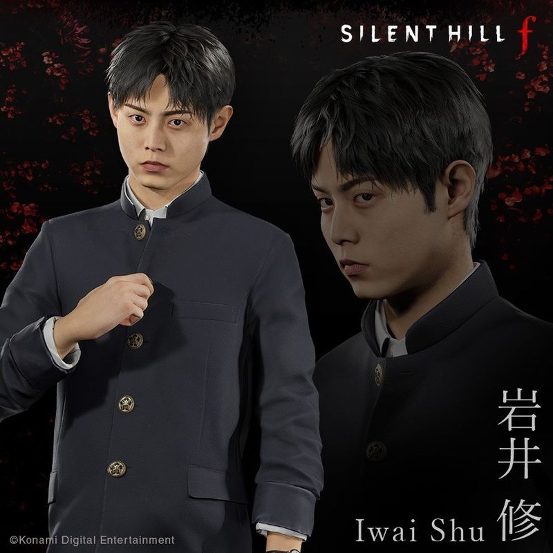 岩井修角色立绘，身穿复古学生制服，神情冷静，背景为寂静岭浓雾弥漫的街道