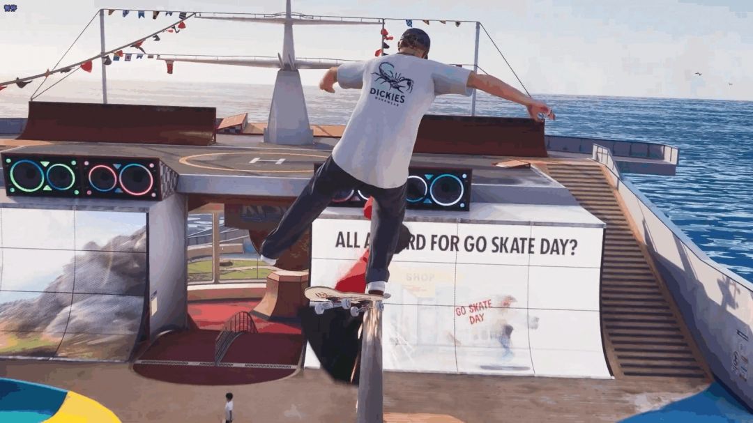 多名滑板手在公园场地同场竞技，空中完成抓板动作，特效炫酷