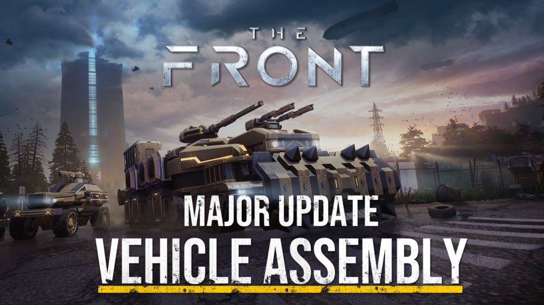 《The Front》游戏画面展示玩家在荒原中驾驶自定义战车，背景为巨大机械结构与橙红色天空