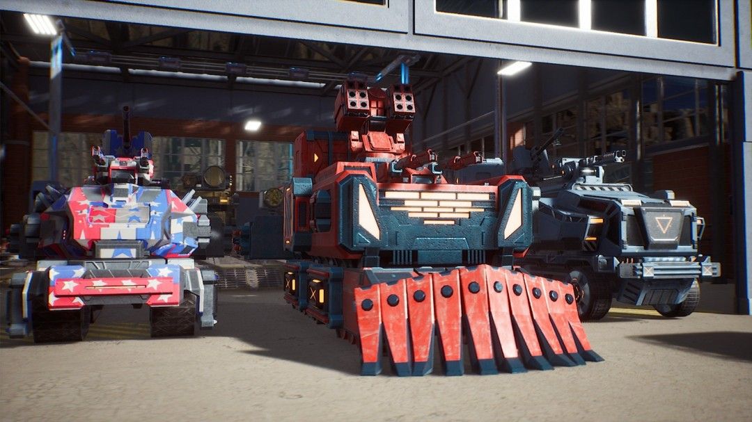 玩家在组装界面拖拽不同部件组合战车，屏幕显示各项性能参数变化