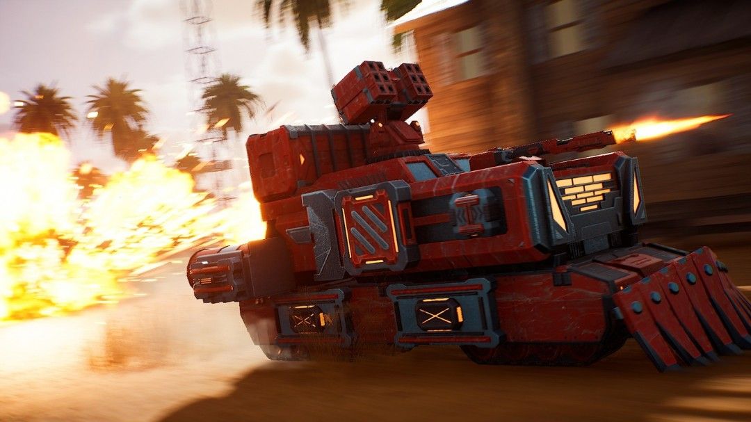 巨大机械怪物在废墟中咆哮，玩家驾驶拼装战车与其激烈交火，爆炸火花四溅