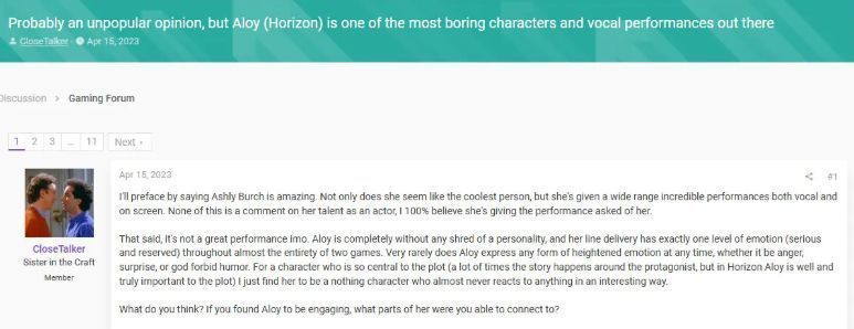 埃洛伊与NPC对话时的特写镜头，面部表情较为平静，眼神坚定但缺乏波动