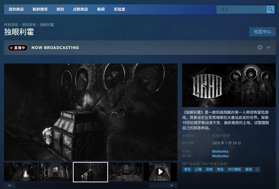 《独眼利霍》Steam商店页面截图，显示游戏标题、发行信息、价格标签及用户评价区域